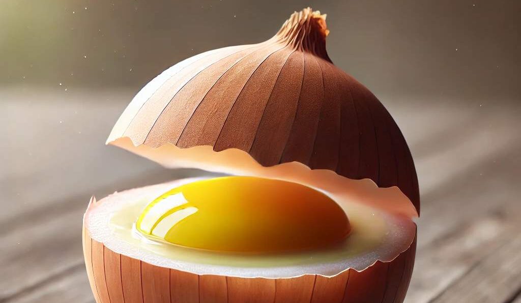 an AI image of an onion with an egg inside it.